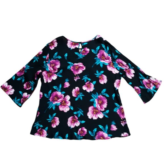Indigo Rose Blouse Black Purple Floral Lightweight Stretch Plus Size 3X - Picture 2 of 4